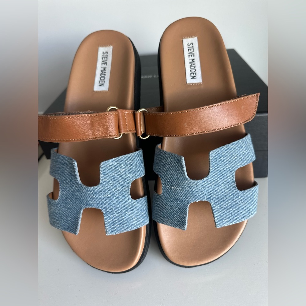 Steve Madden Brown Leather and Light Blue Denim Slide Sandals - Picture 4 of 5